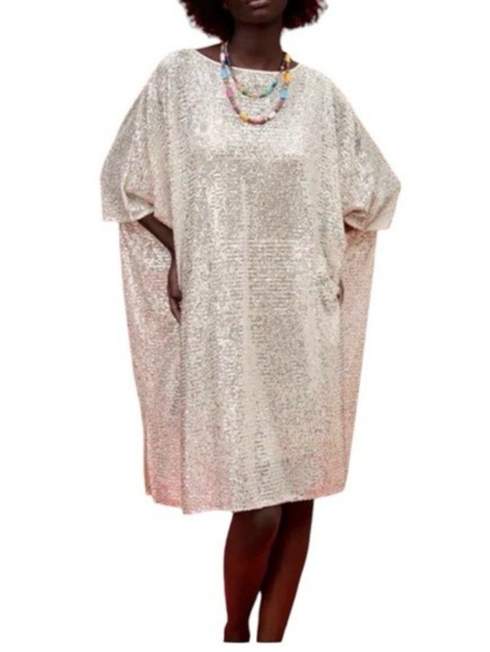 Zara White Gold Sequin Disco Festival Caftan Kaftan Cape Dress S/M